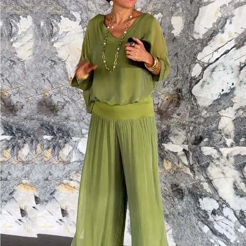 Sylis - Elegant Chiffon Top Wide-leg Pants Two-piece Set