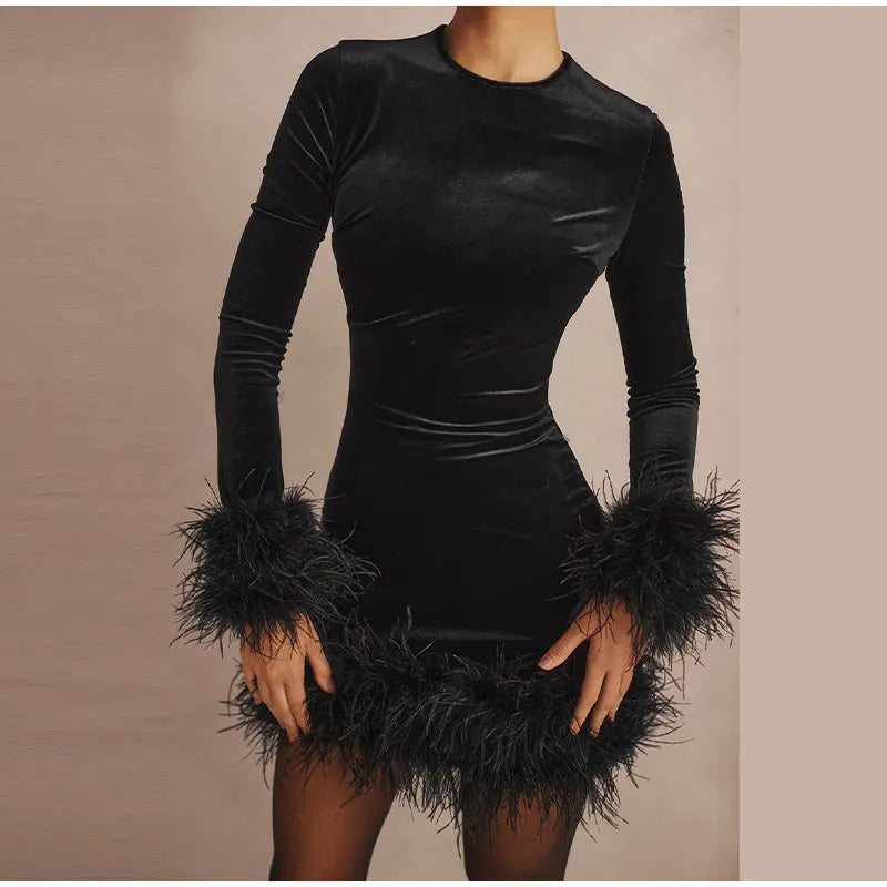 Sylis tube dress with feather accents on the sleeves