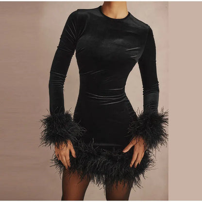 Sylis tube dress with feather accents on the sleeves