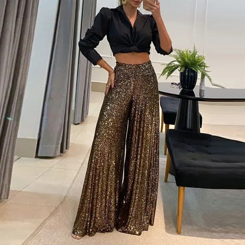 Sylis Elegant Shiny Sequin Long Pants