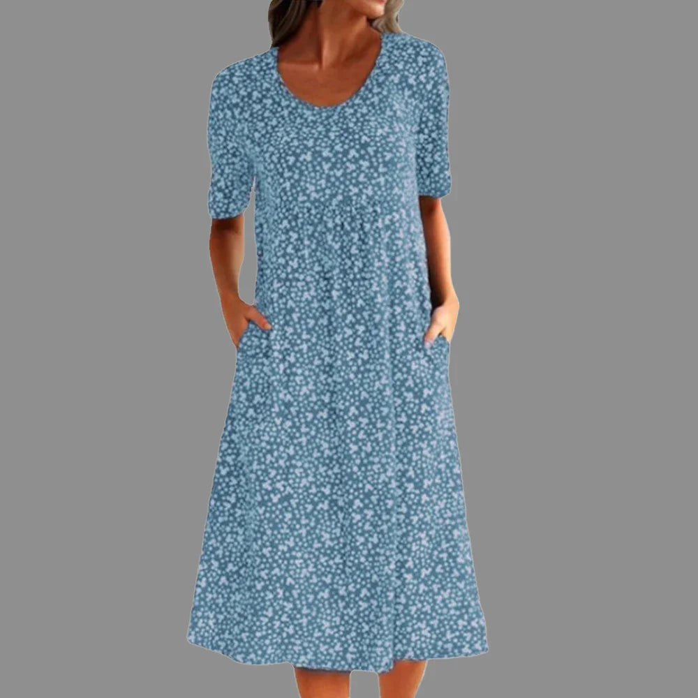 Sylis - Elegant O-Neck Short Sleeve Midi Dress with Pockets