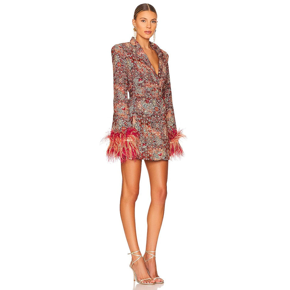 Sylis V neck dress with feathers and abstract pattern for ladies