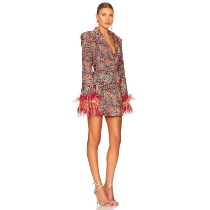 Sylis V neck dress with feathers and abstract pattern for ladies
