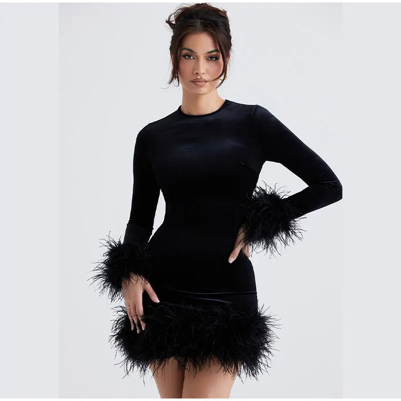 Sylis tube dress with feather accents on the sleeves