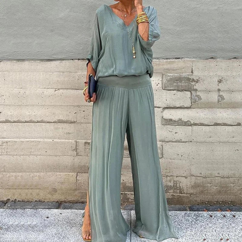 Sylis - Elegant Chiffon Top Wide-leg Pants Two-piece Set