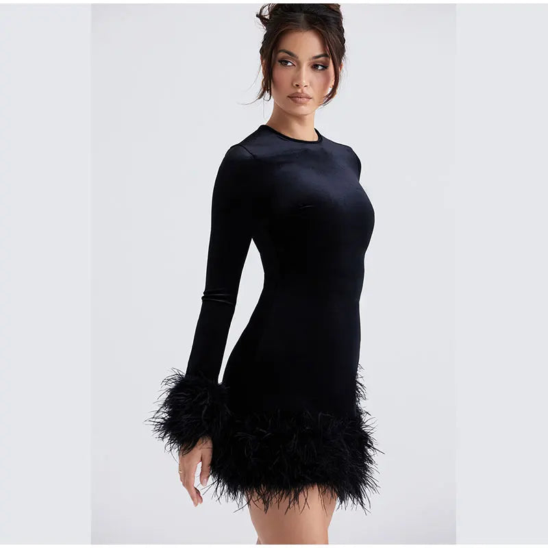 Sylis tube dress with feather accents on the sleeves