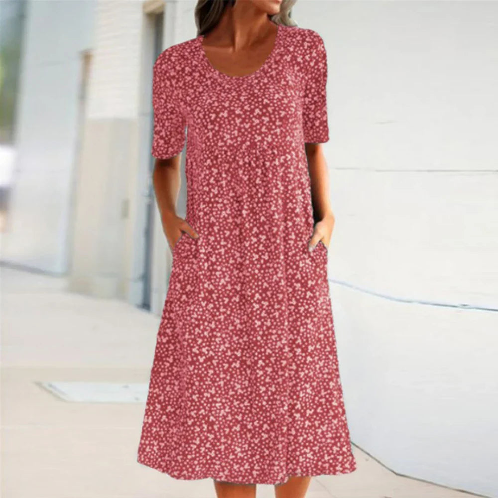 Sylis - Elegant O-Neck Short Sleeve Midi Dress with Pockets