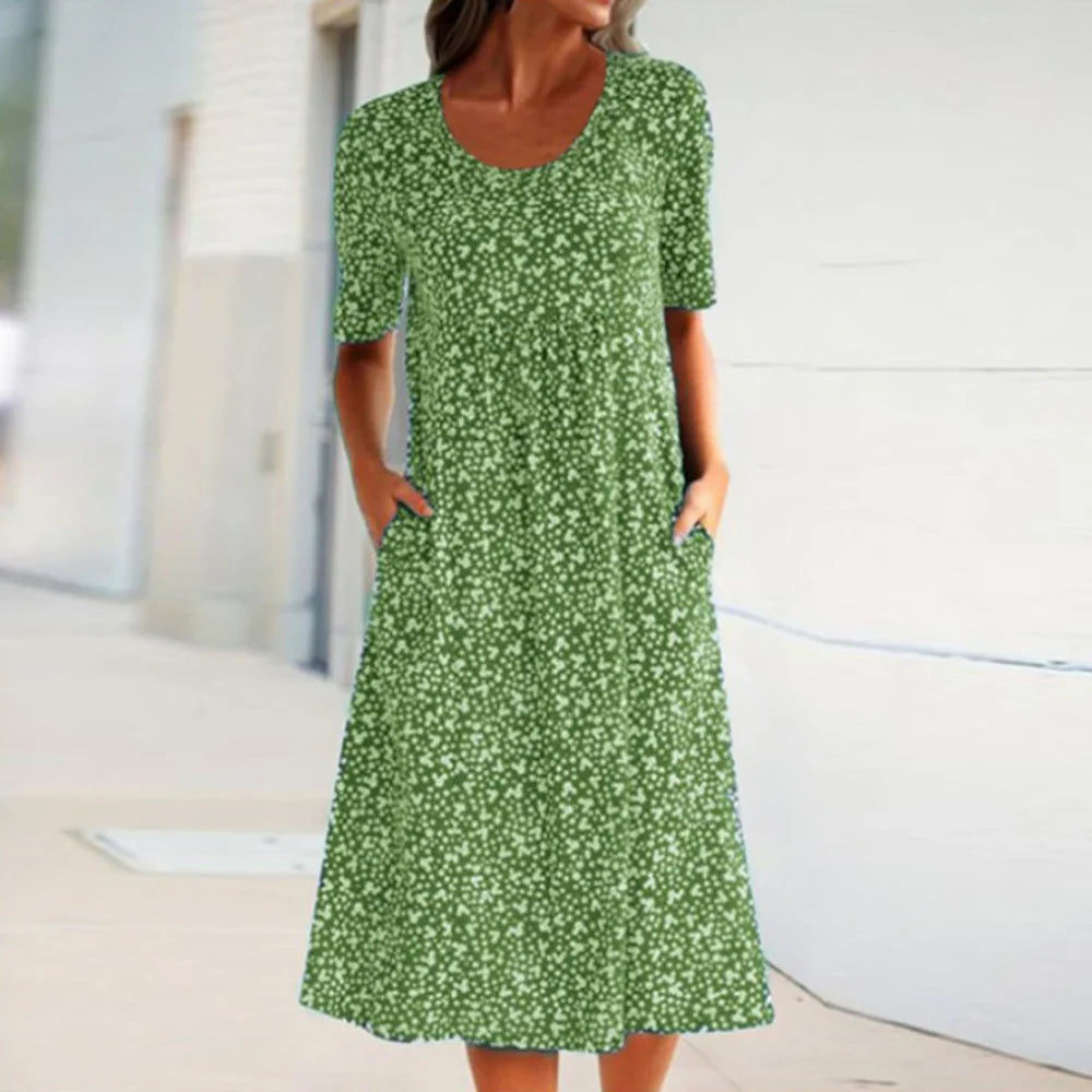 Sylis - Elegant O-Neck Short Sleeve Midi Dress with Pockets