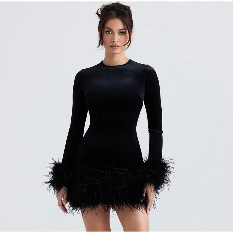 Sylis tube dress with feather accents on the sleeves