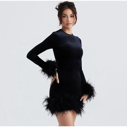 Sylis | Elegant fitted dress with feather embellishments on the sleeves