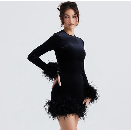 Sylis | Elegant fitted dress with feather embellishments on the sleeves