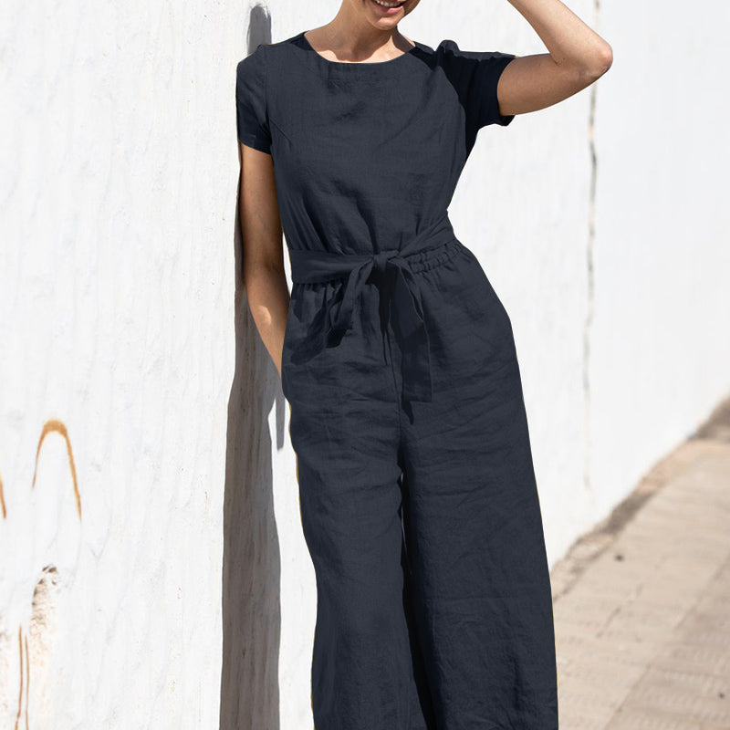 Sylis | Plain Short Sleeve Linen Jumpsuit