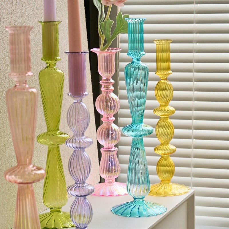 Ribbed Glass Candleholders - Pastel