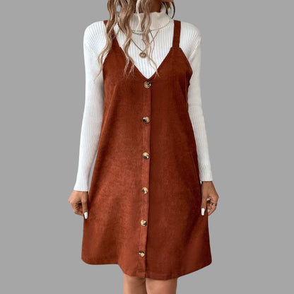 Sylis | Cord dress with straps, V neckline and button details