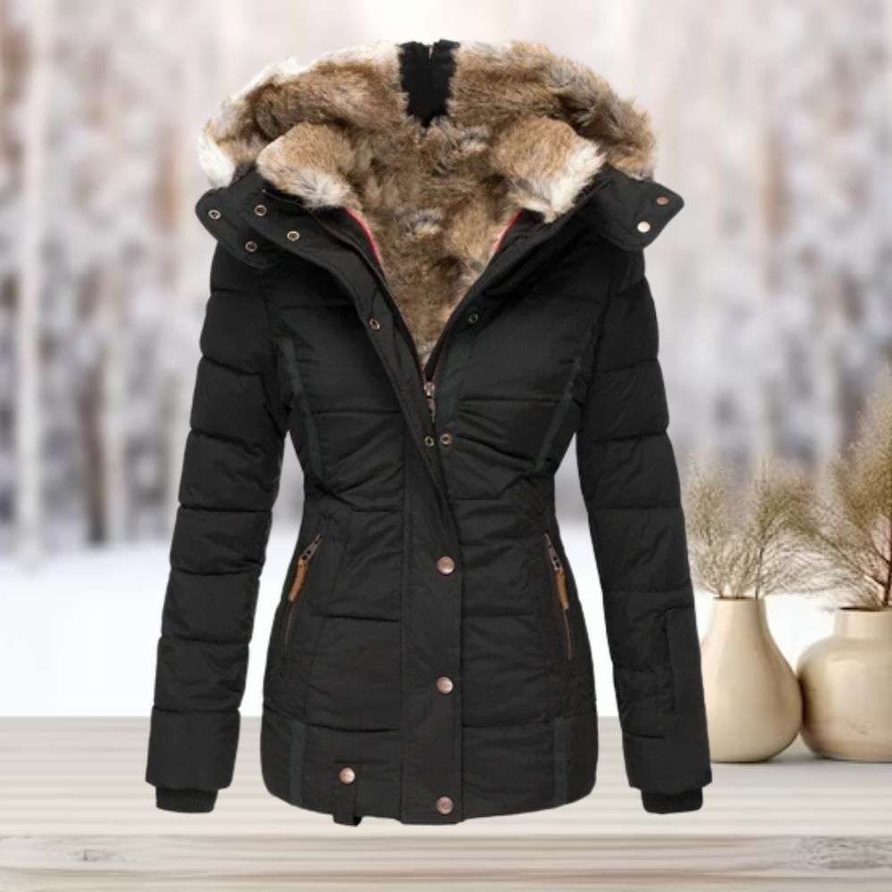 Elegant winter leather jacket with hood