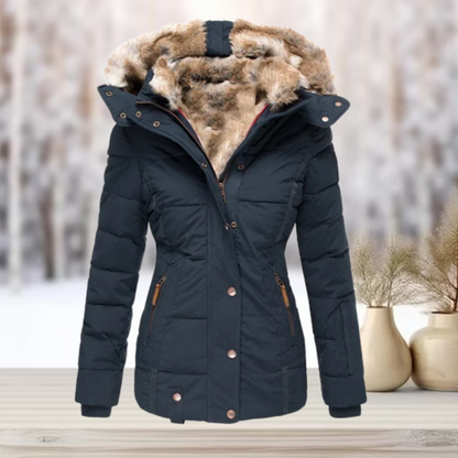 Elegant winter leather jacket with hood