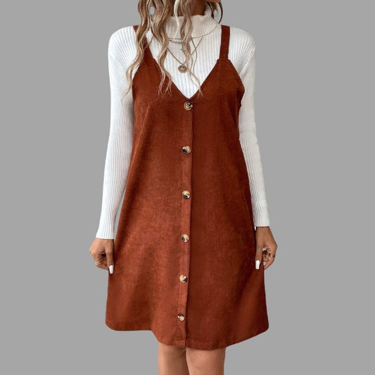 Sylis | Cord dress with straps, V neckline and button details