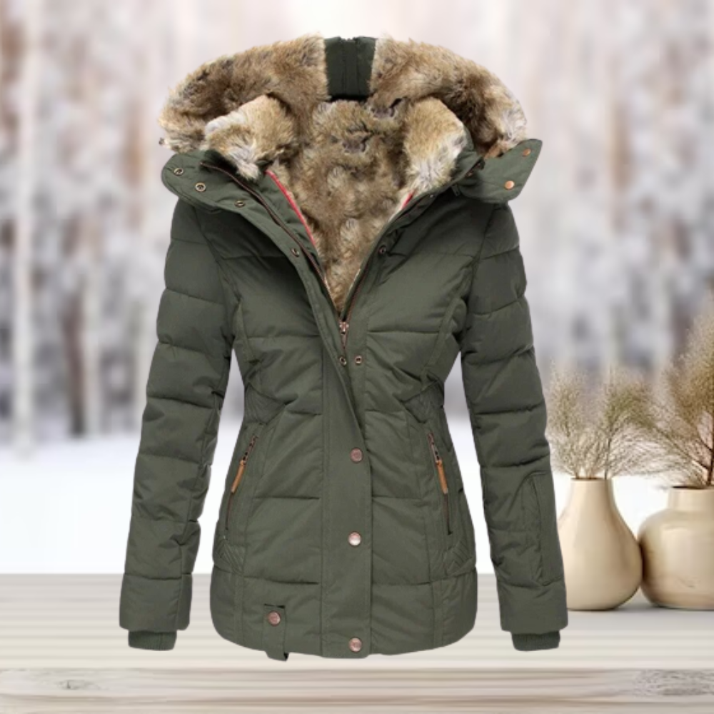 Elegant winter leather jacket with hood