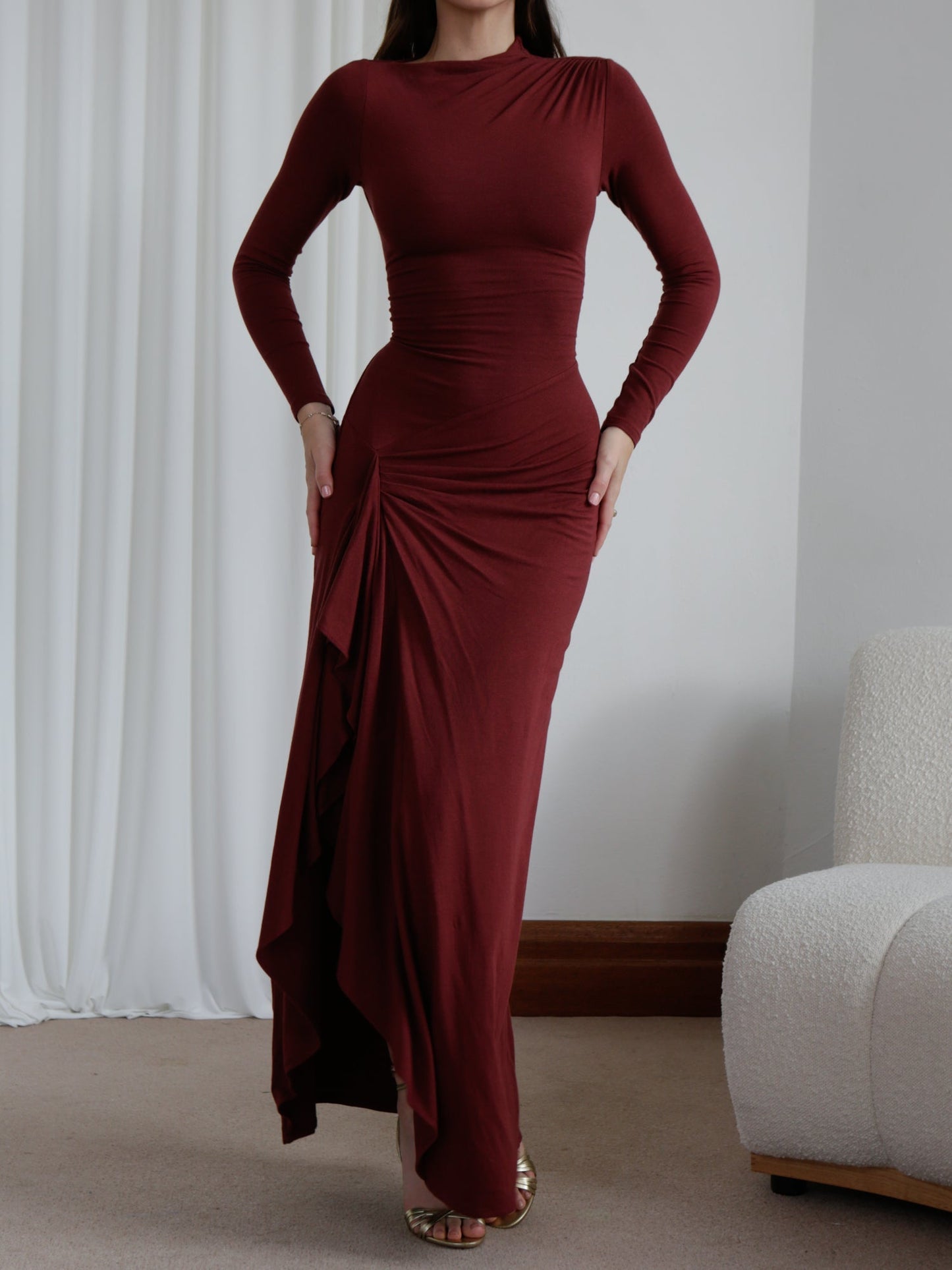 Sylis | Ruched Long Sleeve Evening Gown