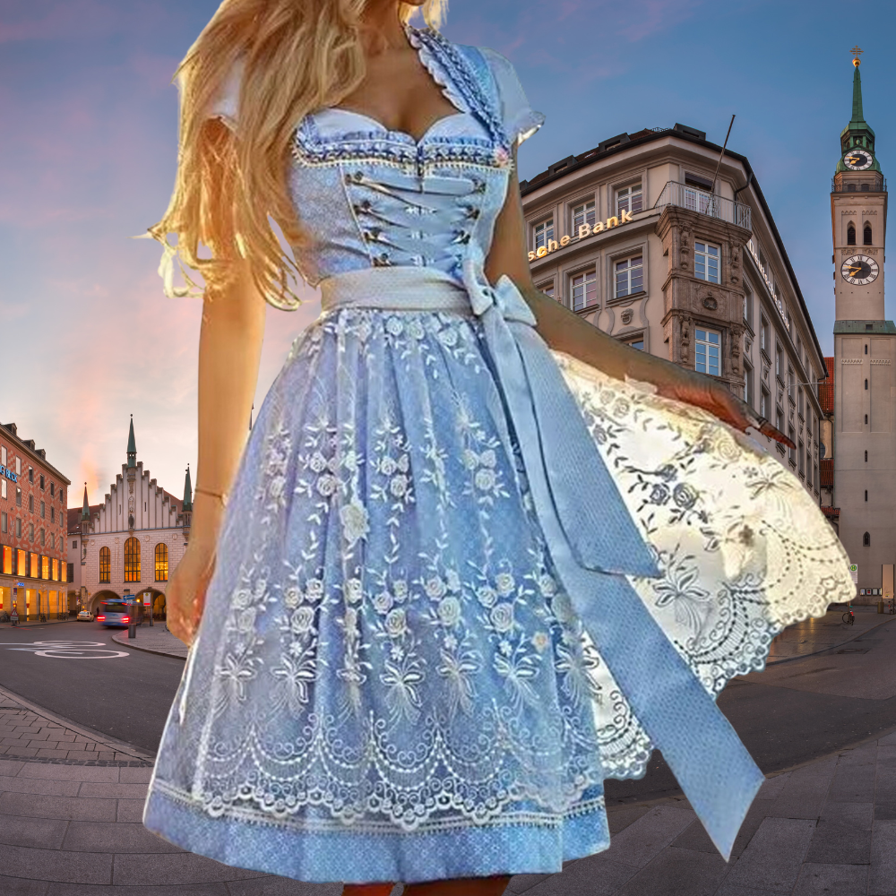 Frau in einem blau oktoberfest kleid mit historischem hintergrund