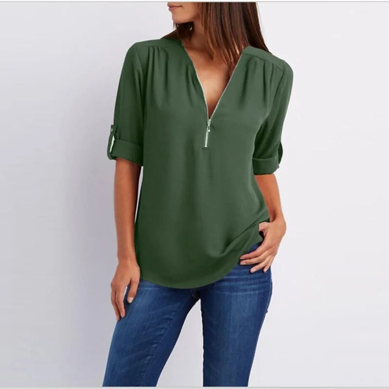 Sylis - Stylish Plus Size Loose V-Neck Chiffon Blouse