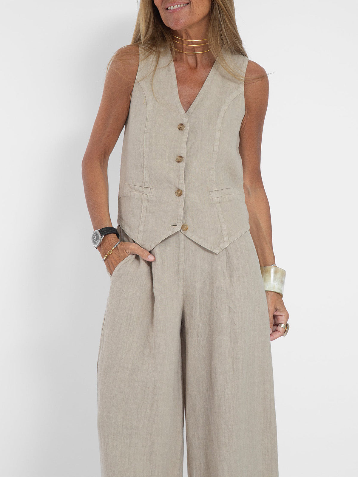 Sylis | Buttoned Vest & Wide-Leg Trousers Set