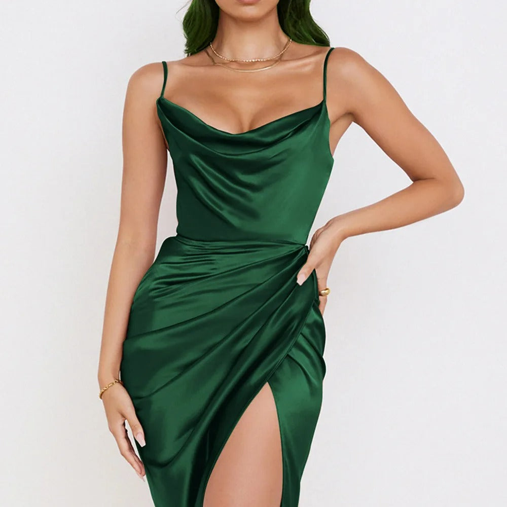 Satin dress with ruffles and thin straps