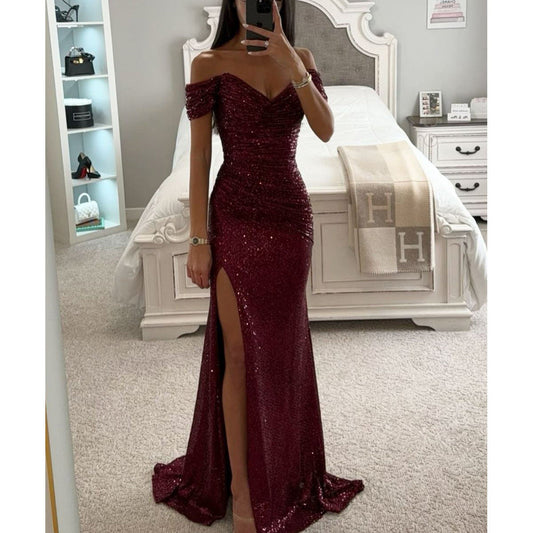 Sylis-Mode | Off Shoulder Evening Dress with Sequins Elegant Party Dress with Slit and Figure-Hugging Cut for Festive Occasions