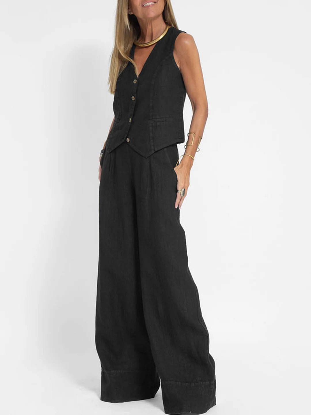 Sylis | Buttoned Vest & Wide-Leg Trousers Set