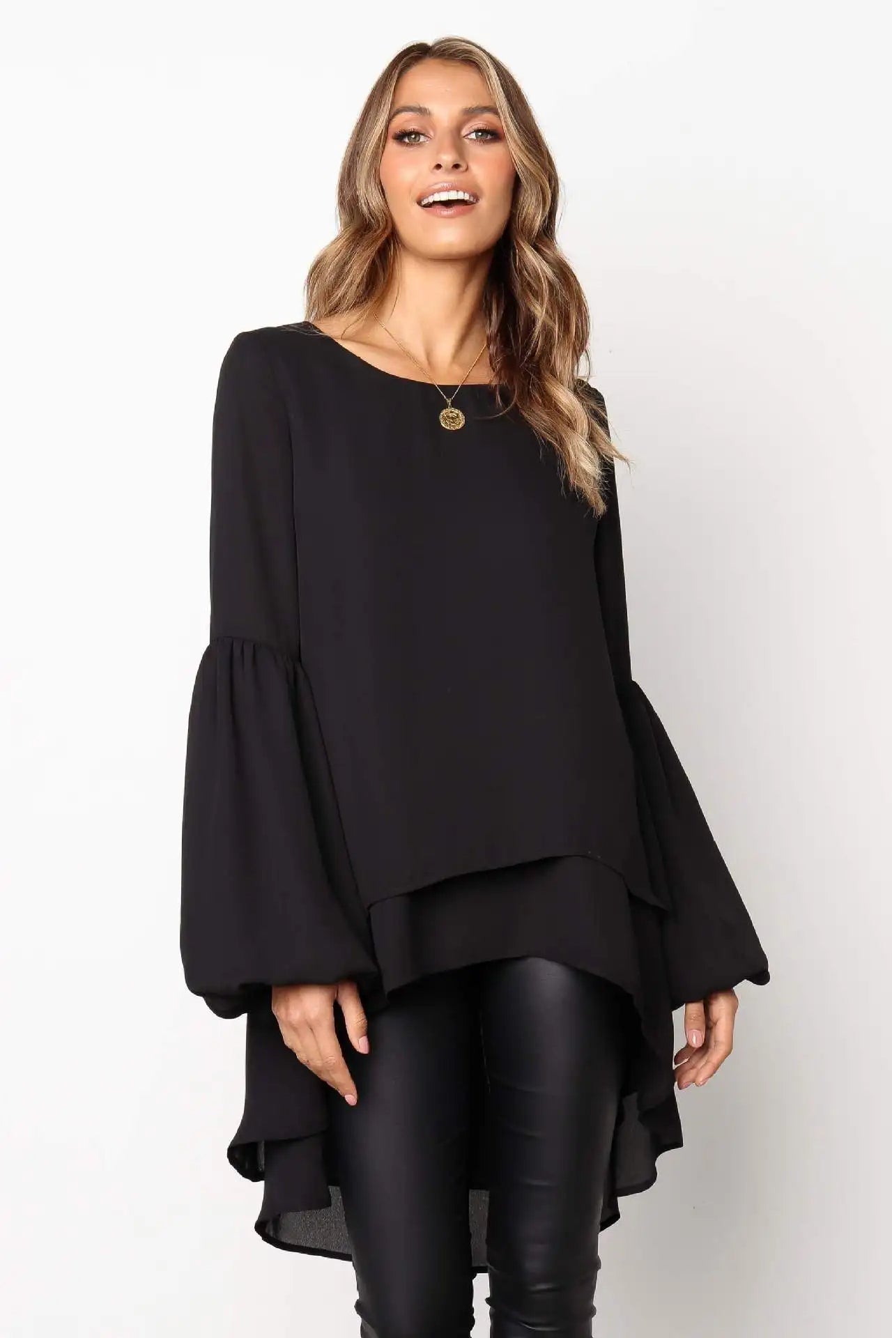 Sylis | Asymmetrical Lantern Sleeve Round Neck Blouse