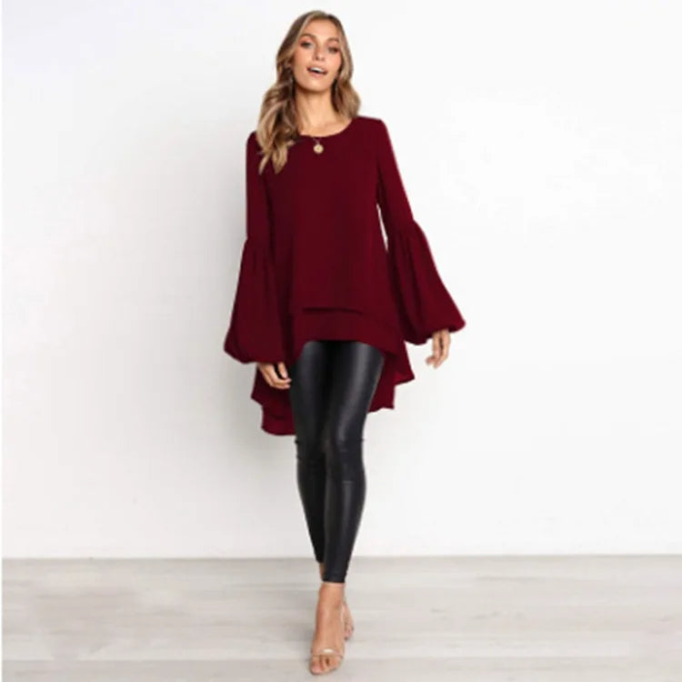 Sylis | Asymmetrical Lantern Sleeve Round Neck Blouse