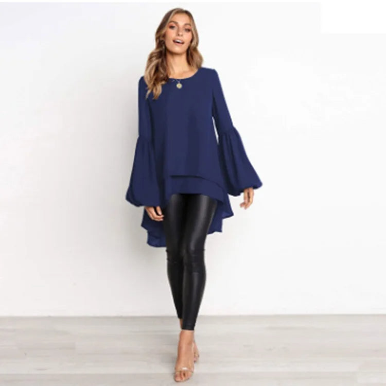 Sylis | Asymmetrical Lantern Sleeve Round Neck Blouse