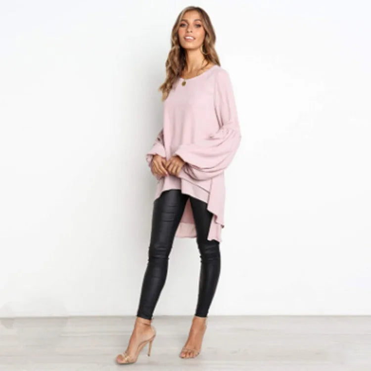 Sylis | Asymmetrical Lantern Sleeve Round Neck Blouse