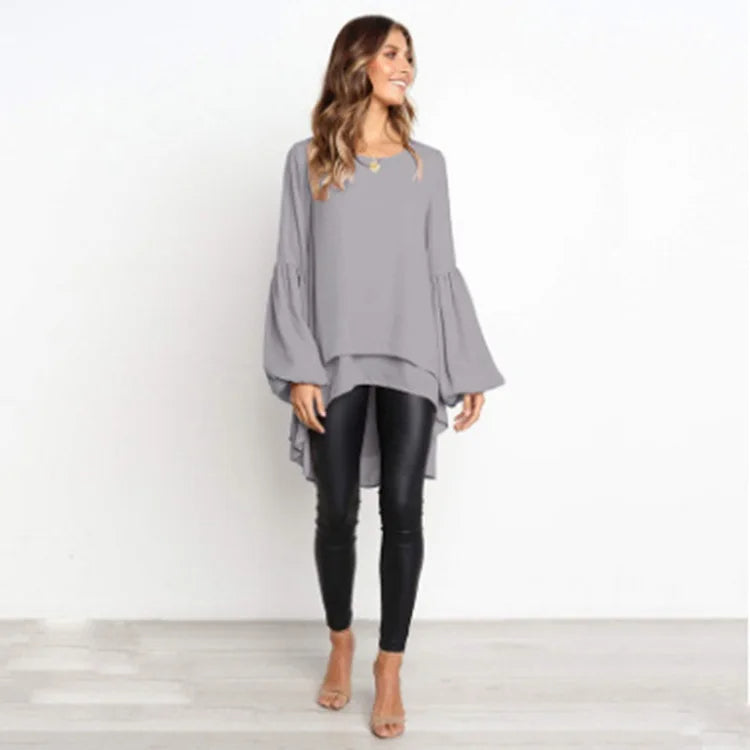 Sylis | Asymmetrical Lantern Sleeve Round Neck Blouse