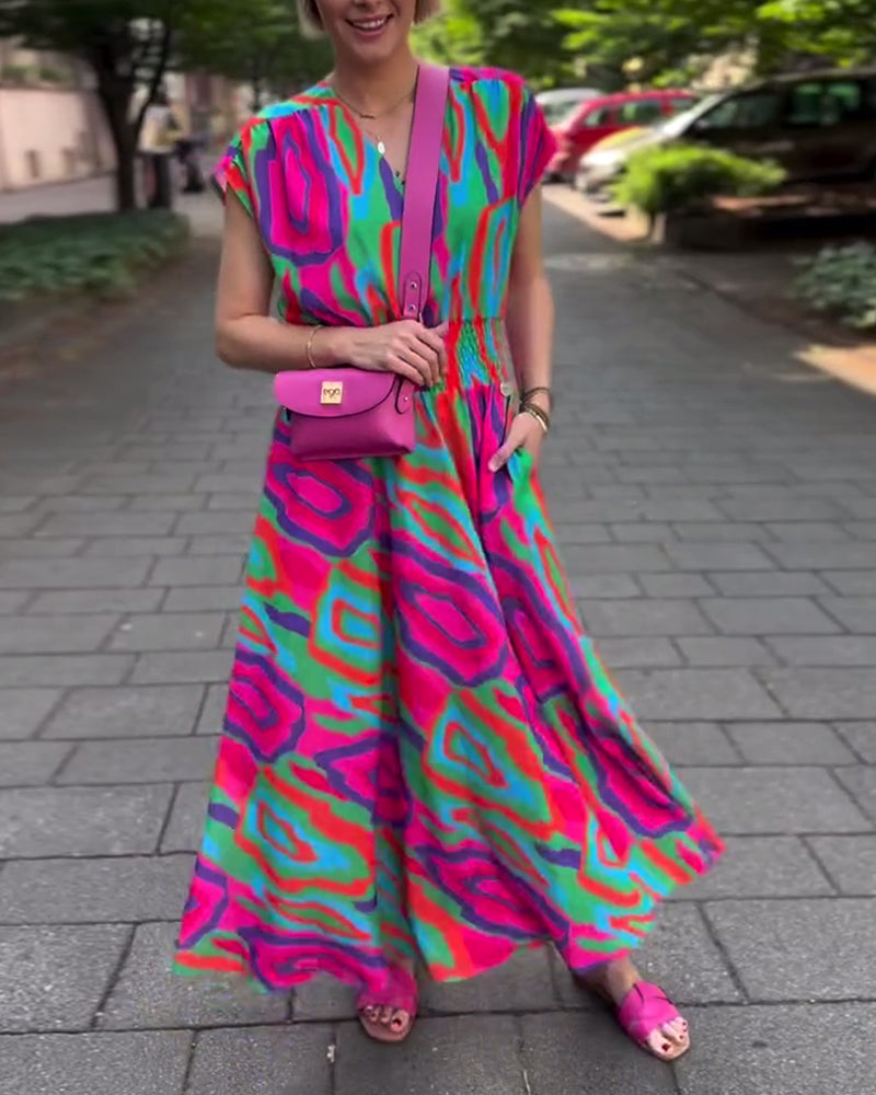 Sylis | Colorful Printed Long Dress with V-neck