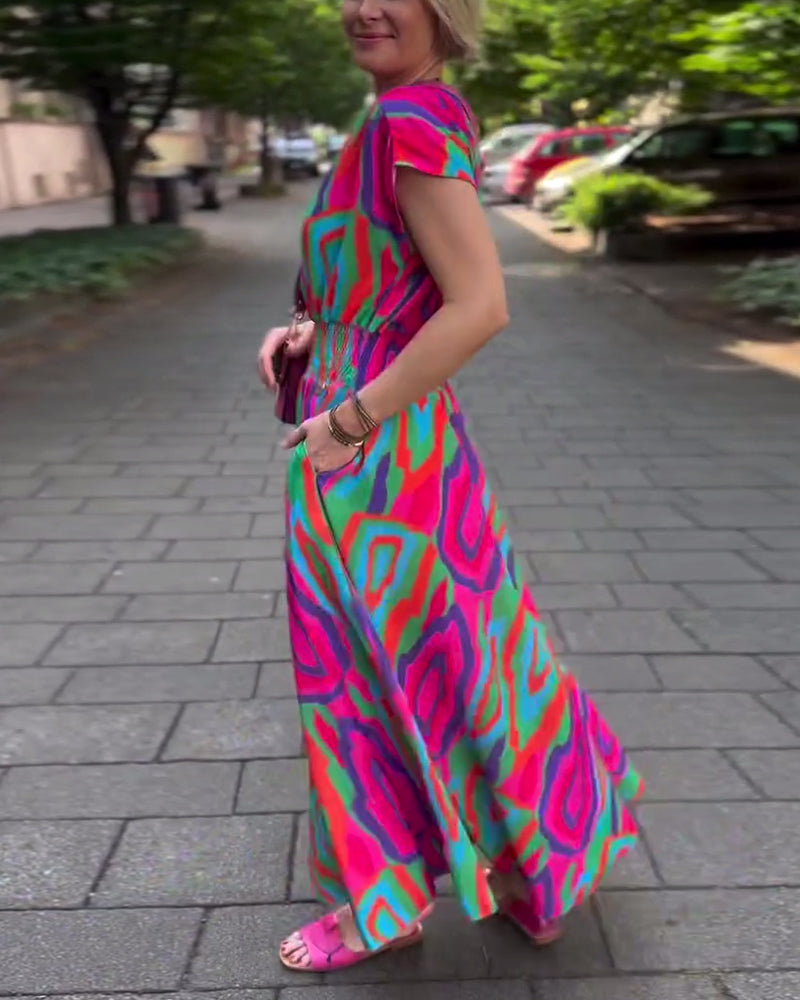 Sylis | Colorful Printed Long Dress with V-neck