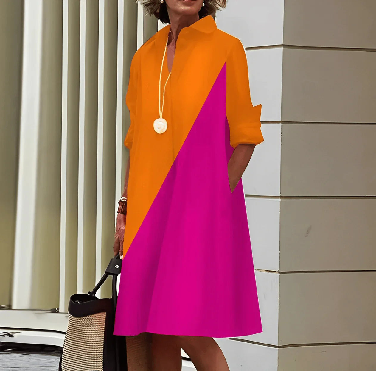Sylis dress with lapel collar and three-quarter sleeves