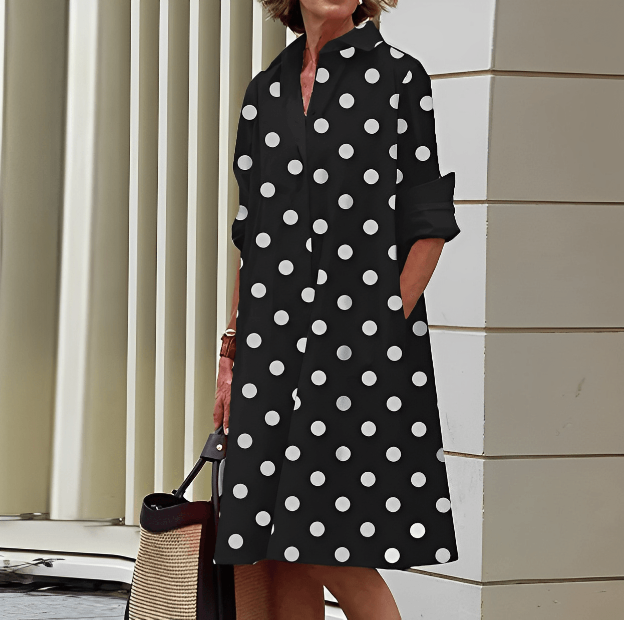 Sylis dress with lapel collar and three-quarter sleeves