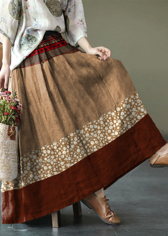 Sylis | Black flower Elastic Waist Print Linen Skirts Summer