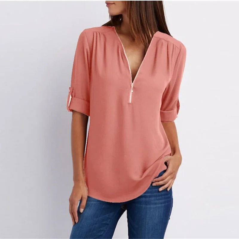 Sylis - Stylish Plus Size Loose V-Neck Chiffon Blouse