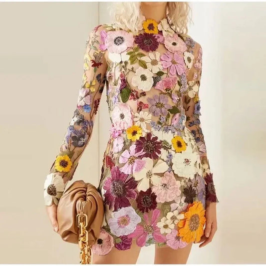 Sylis | Mini dress with floral appliques and a transparent look