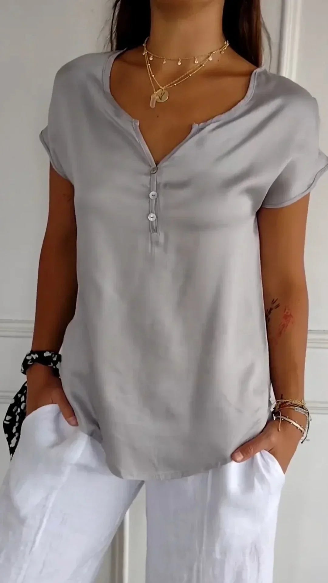 Sylis | Satin Top with V-neck and Button Closure