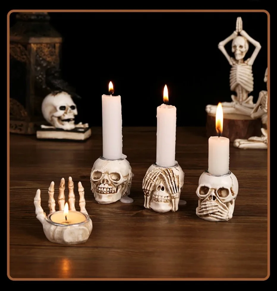 GothicGlow 3pc Halloween Skull Candle Holder Set
