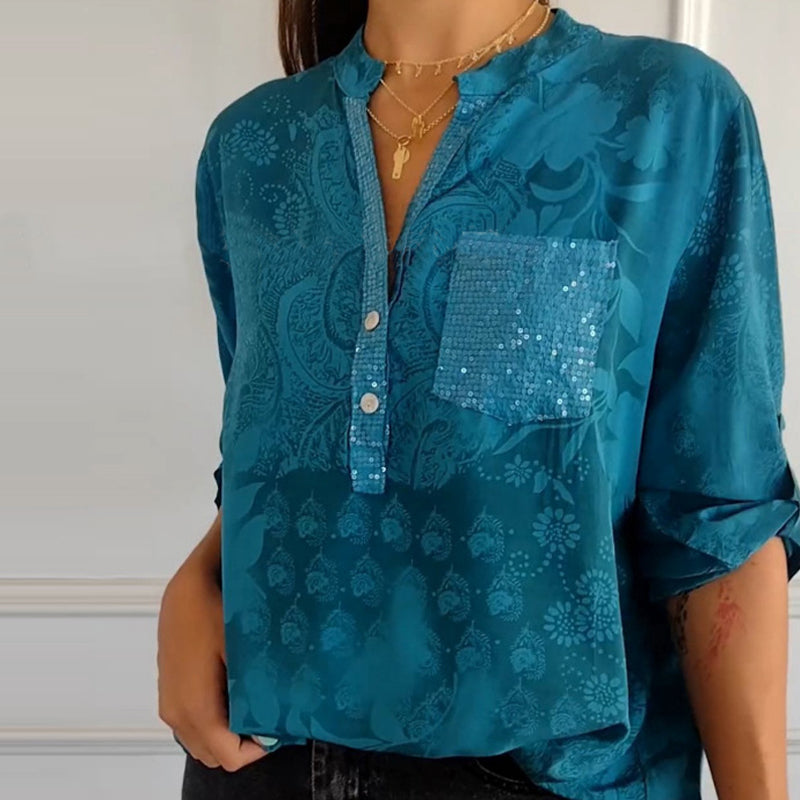 Sylis | Printed V-neck Half Button Top