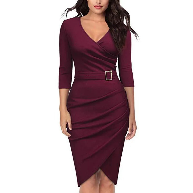 Sylis | Sylis elegant with V neckline, high waist, belt and 3/4 sleeves for women, suitable for the office or parties