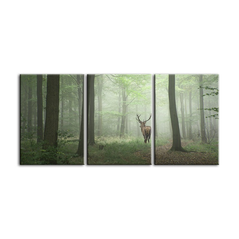 Misty Mystical Deer In The Woods-Canvas Wall Art Painting 3 Pieces